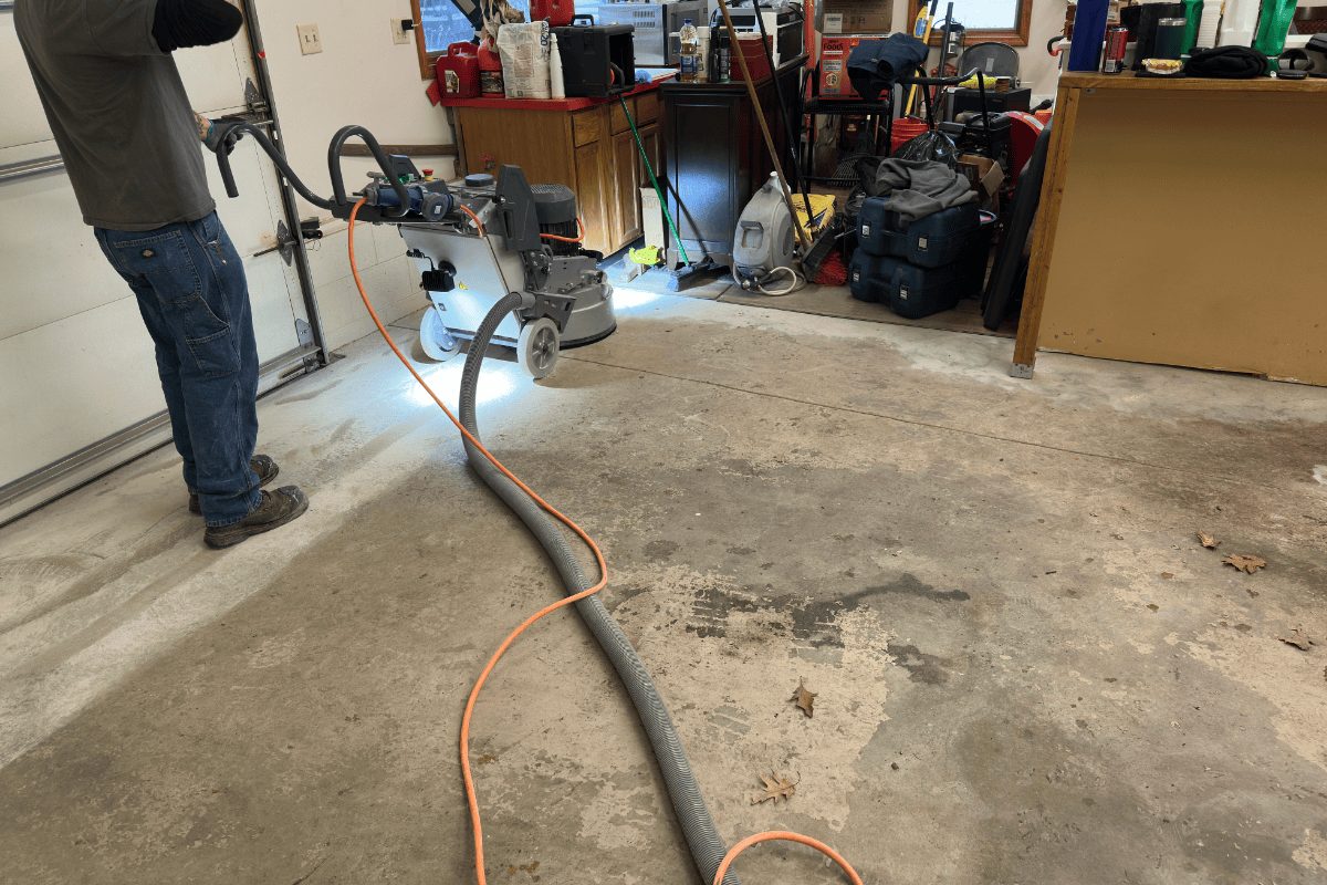 Chesterland, OH garage floor prior to grinding to remove old coatings 